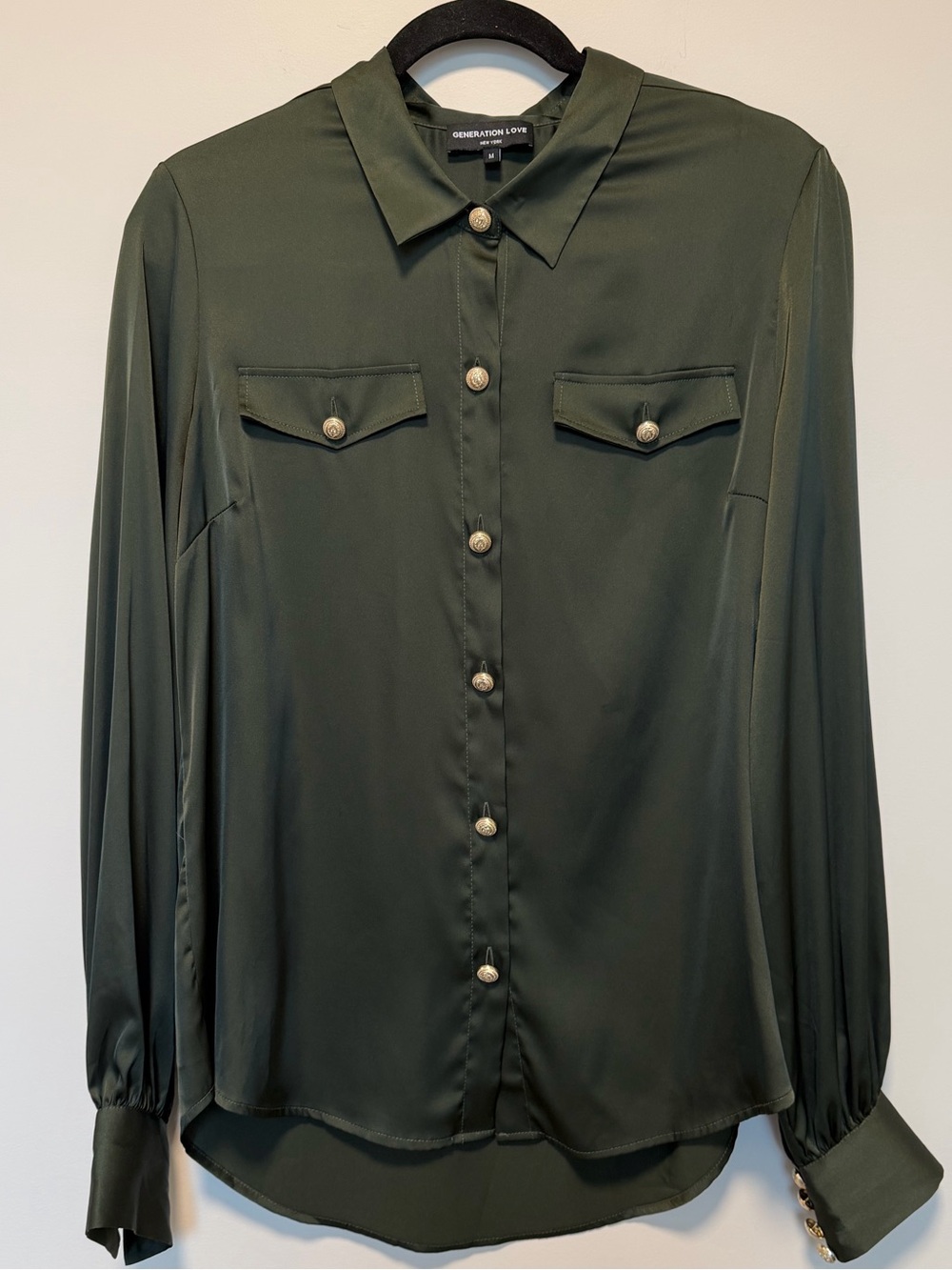 Generation Love Olive Green Button-Down Satin Utility Shirt